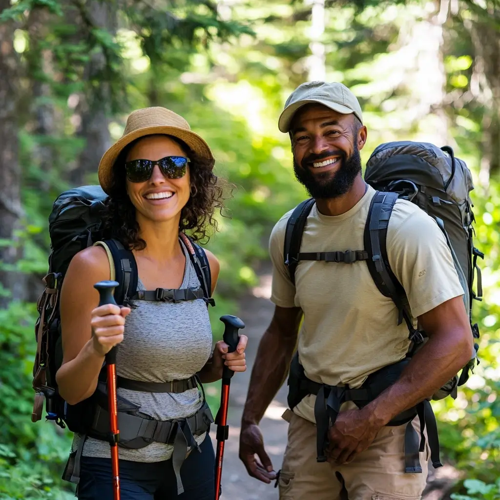 Hikers in breathable summer gear walking through a forest trail with trekking poles. summer hiking outfit