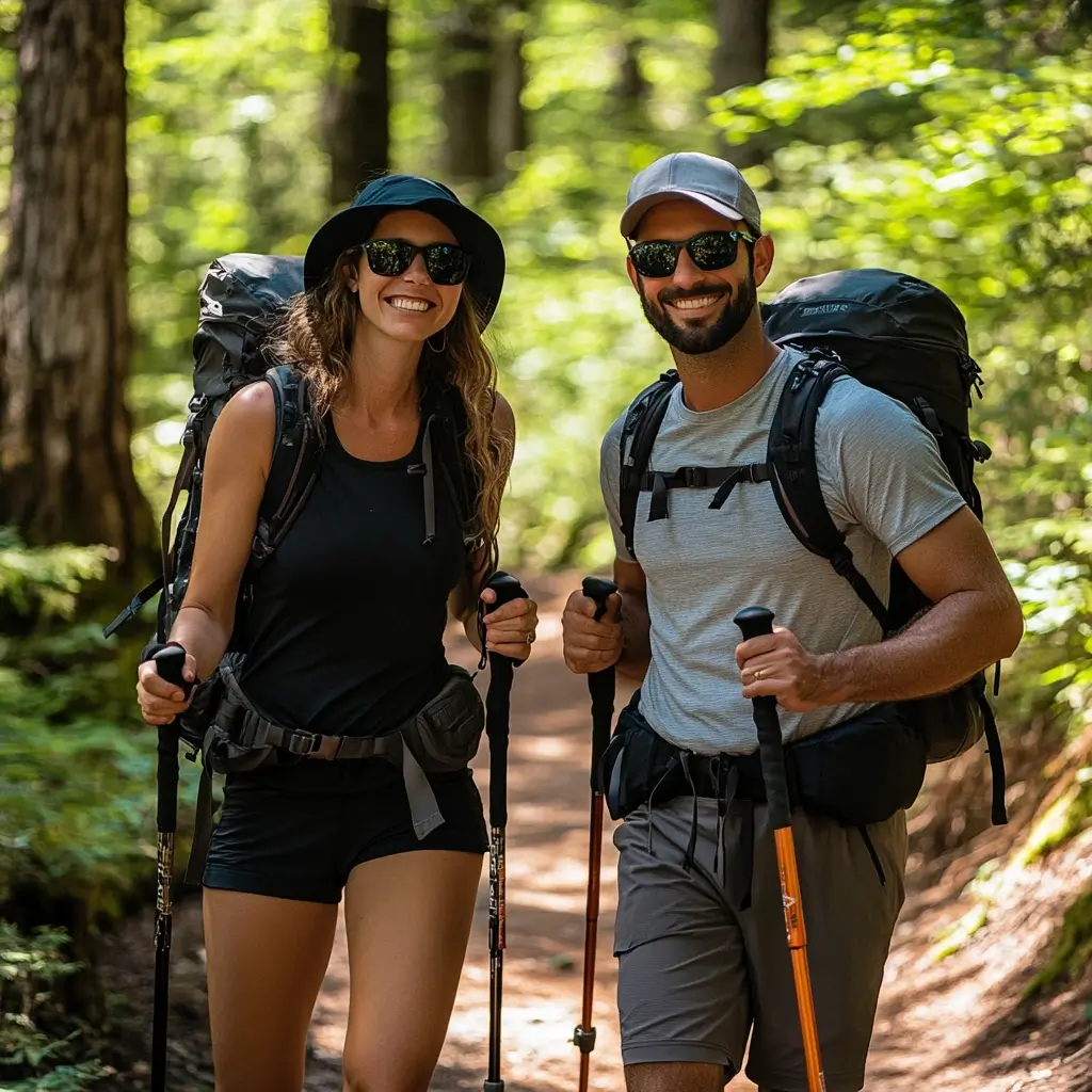 Hikers in breathable summer gear walking through a forest trail with trekking poles. summer hiking outfit