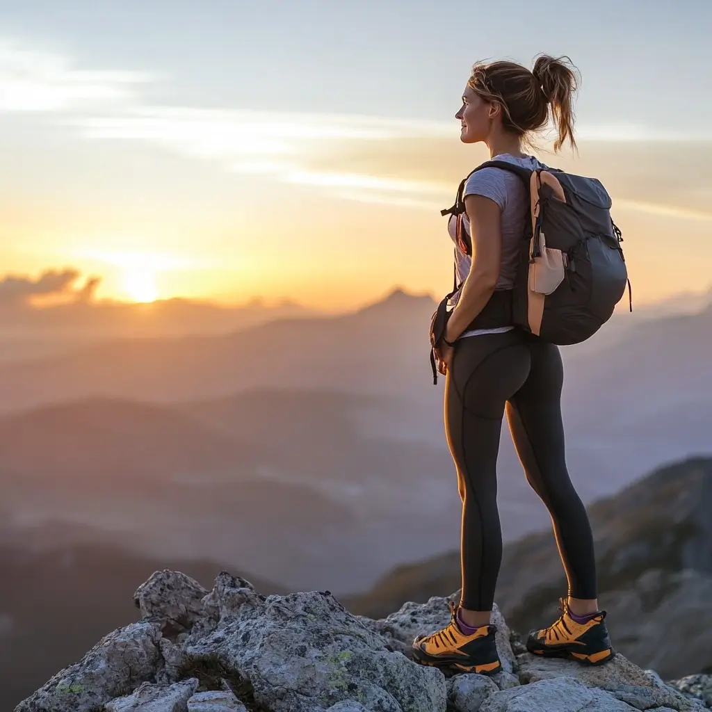 Woman wearing a stylish hiking outfit with leggings and a backpack at sunrise on a mountain.