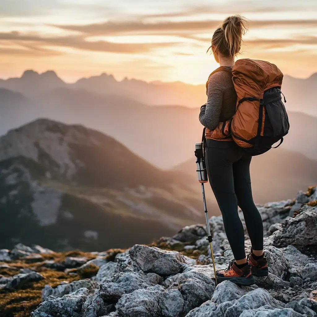 Woman wearing a stylish hiking outfit with leggings and a backpack at sunrise on a mountain.