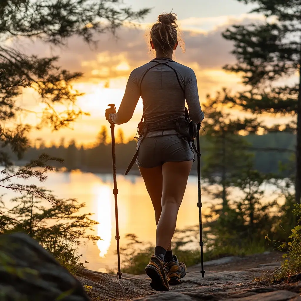 Female hiker in breathable summer hiking outfit walking by a lake at sunset.