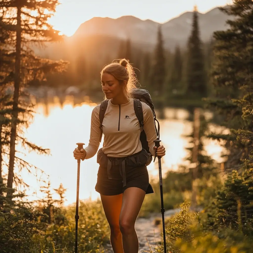 Female hiker in breathable summer hiking outfit walking by a lake at sunset.