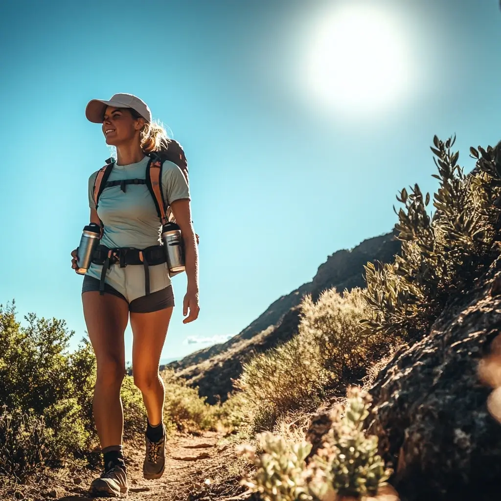 Woman on a sunny mountain trail wearing a lightweight summer hiking outfit with hat and backpack. summer hiking outfit