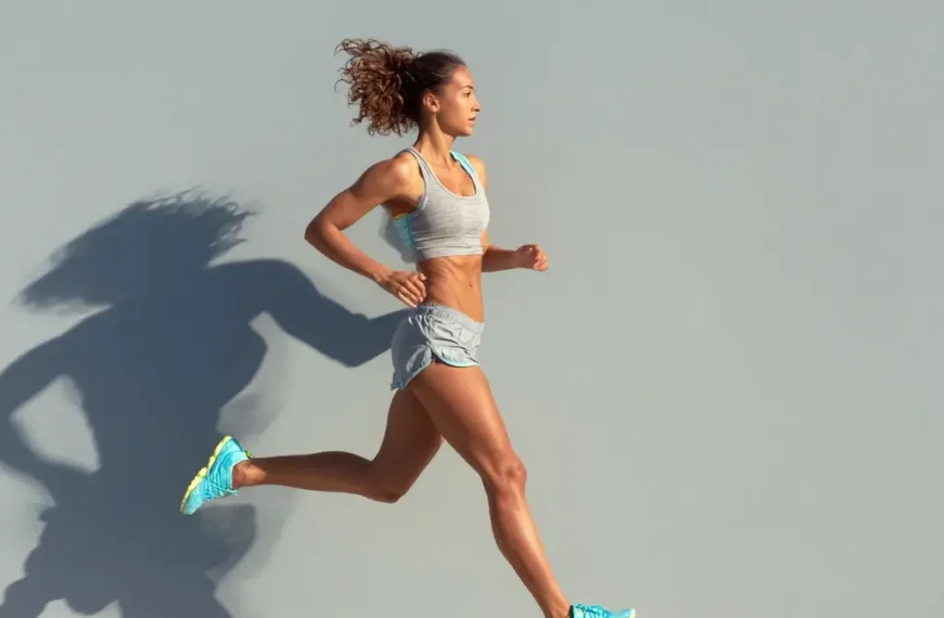 Woman running in summer gear with shorts and tank top under bright sunlight. running outfits for women
