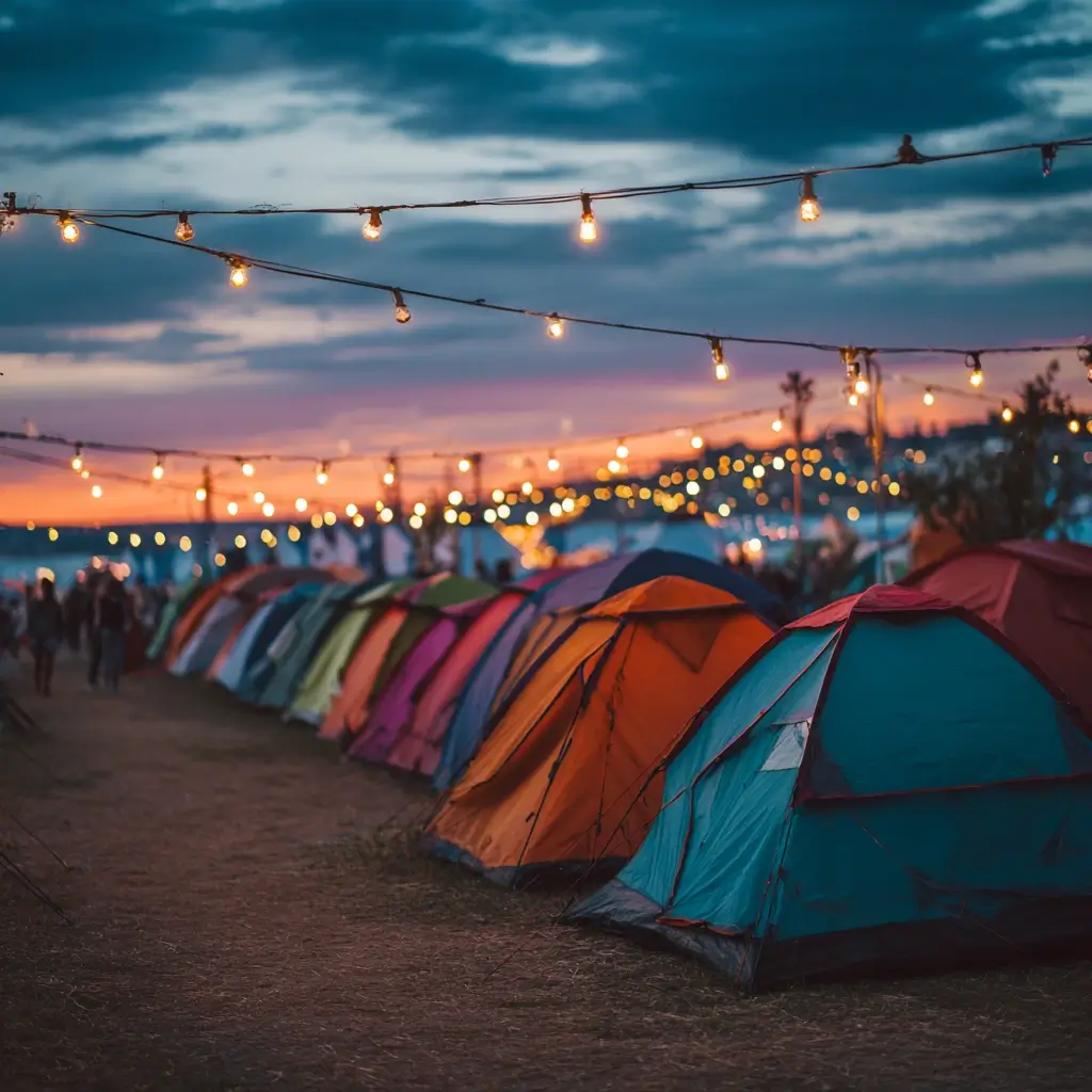 A vibrant campsite with colorful camping tents lit by string lights during dusk. camping tent
