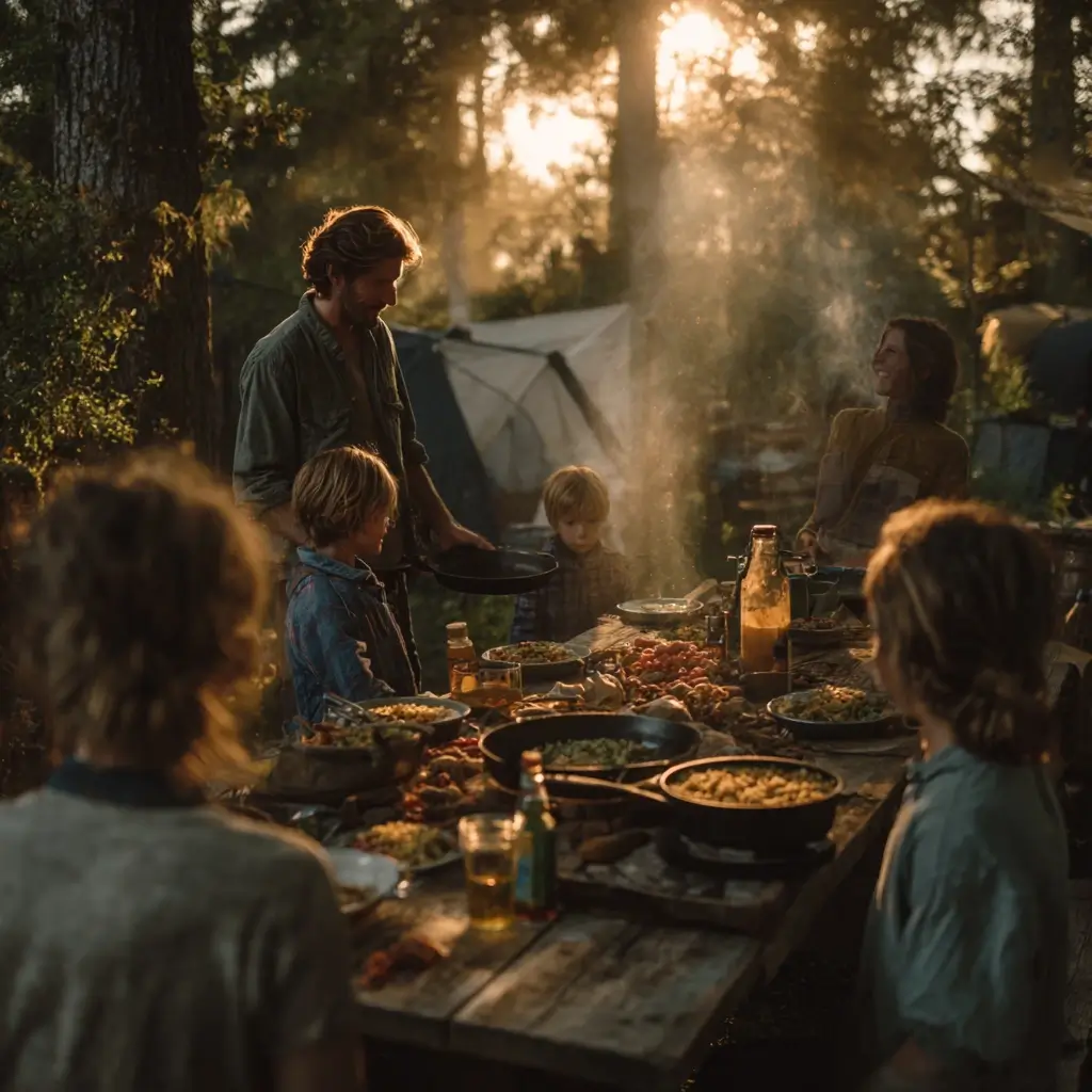 A family enjoys a hearty camping dinner at a forest campsite during golden hour, surrounded by cast iron pans and rustic outdoor gear. camping dinner ideas