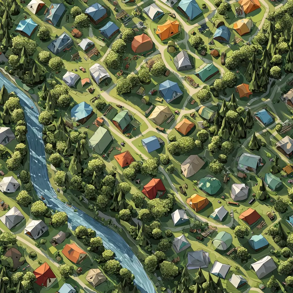 An overhead look at different types of camping tents set up in a national park. camping tent