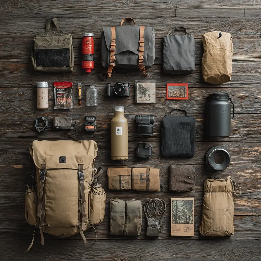 Minimalist tabletop view of ultralight camping packing list items on weathered wood. camping packing list